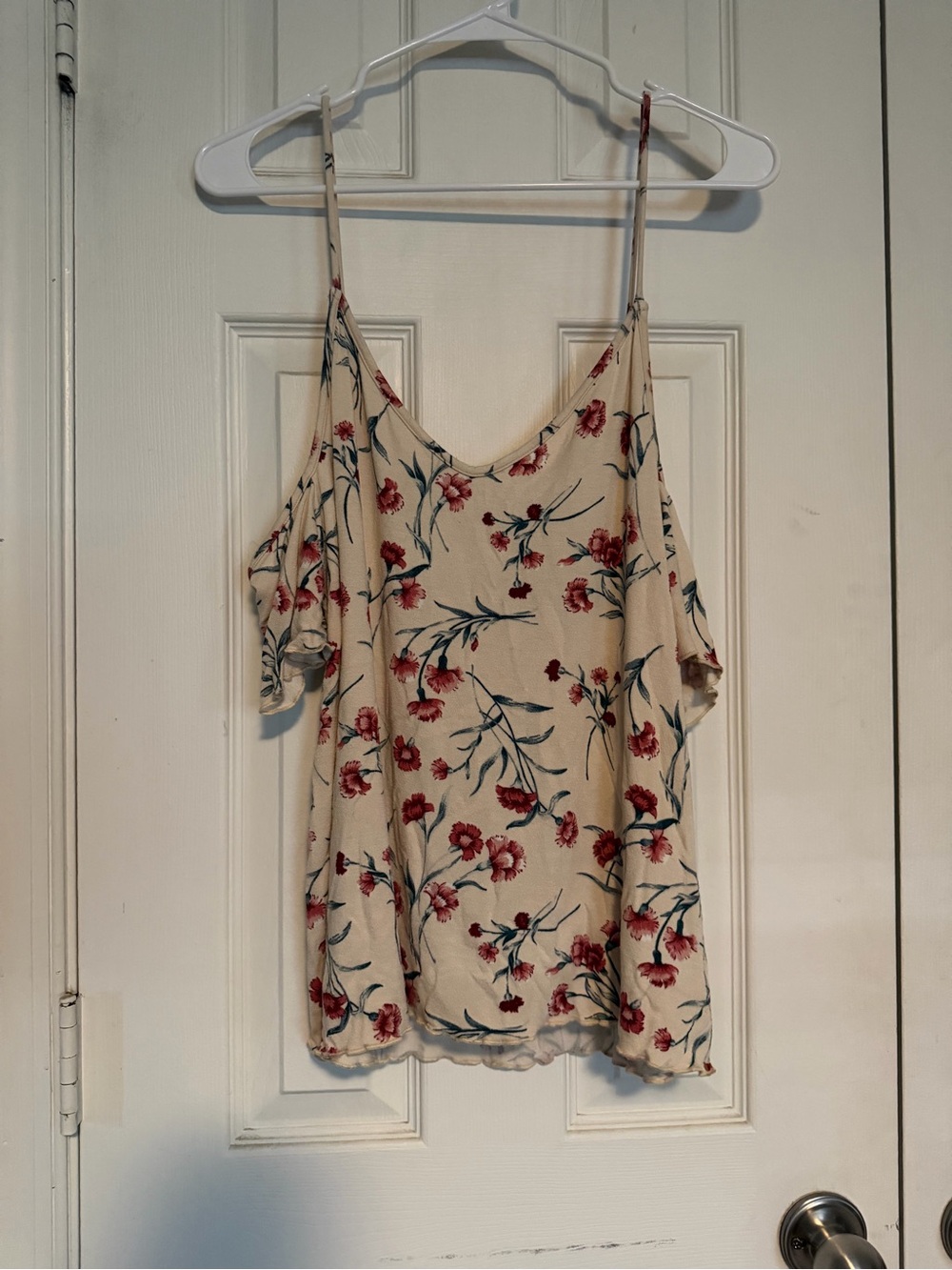 American Eagle Outfitters Cream Cold-Shoulder Camisole with Red Floral Print